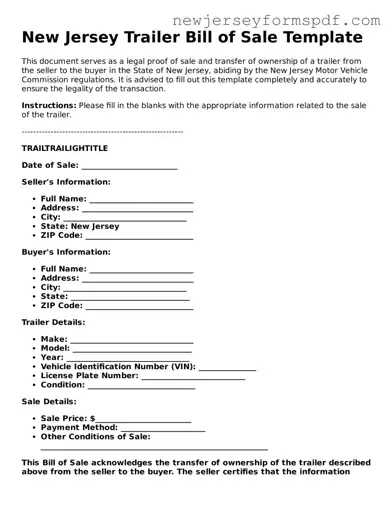 Valid Trailer Bill of Sale Form for the State of New Jersey