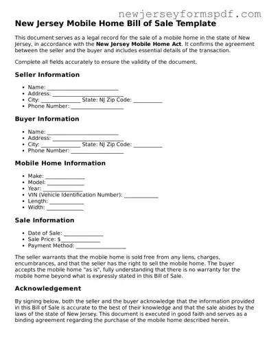 Valid Mobile Home Bill of Sale Form for the State of New Jersey