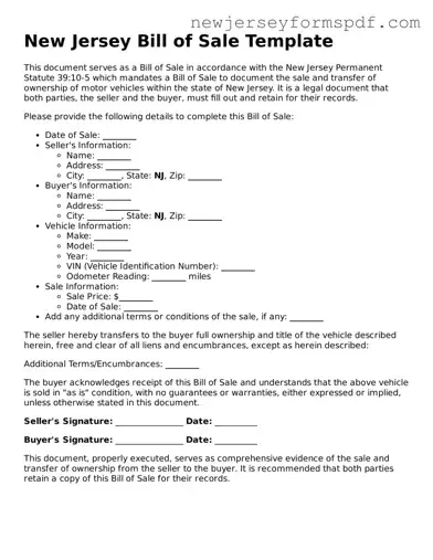 Valid Bill of Sale Form for the State of New Jersey