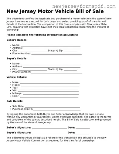 Valid Motor Vehicle Bill of Sale Form for the State of New Jersey