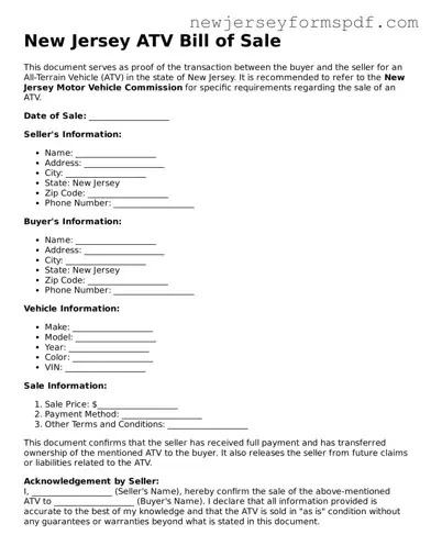 Valid ATV Bill of Sale Form for the State of New Jersey