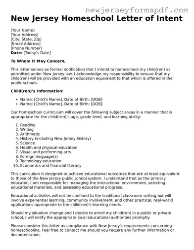 Valid Homeschool Letter of Intent Form for the State of New Jersey