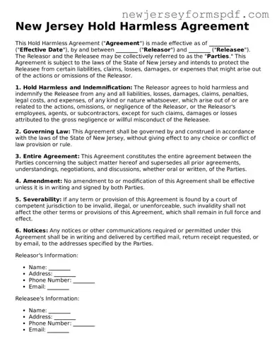 Valid Hold Harmless Agreement Form for the State of New Jersey