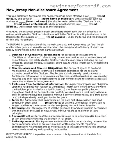 Valid Non-disclosure Agreement Form for the State of New Jersey