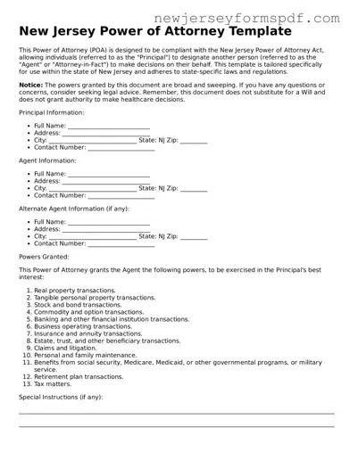Valid Power of Attorney Form for the State of New Jersey