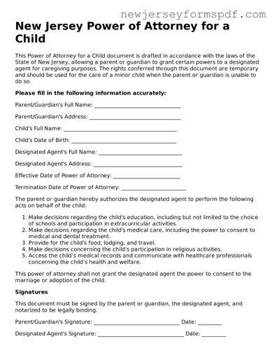 Valid Power of Attorney for a Child Form for the State of New Jersey