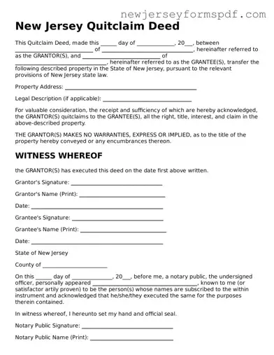 Valid Quitclaim Deed Form for the State of New Jersey