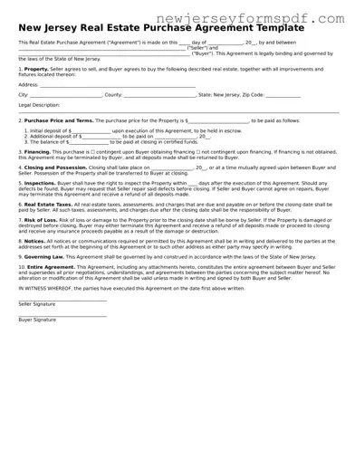 Valid Real Estate Purchase Agreement Form for the State of New Jersey