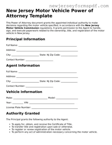 Valid Motor Vehicle Power of Attorney Form for the State of New Jersey