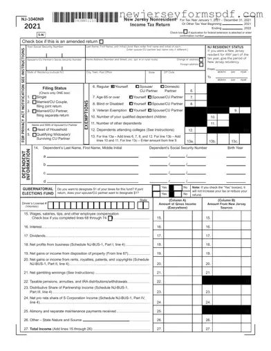 Fill Out a Valid Nj 1040Nr Template
