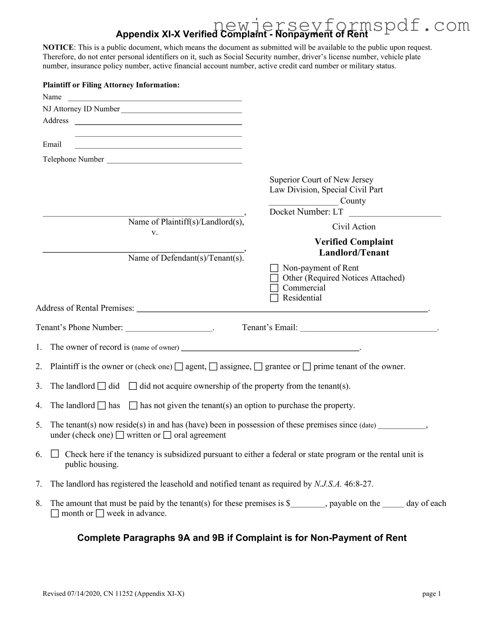 Fill Out a Valid Verified Complaint Landlord Tenant New Jersey Template